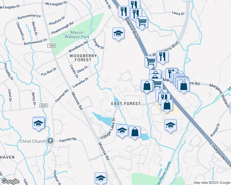 map of restaurants, bars, coffee shops, grocery stores, and more near 7320 Pebblestone Drive in Charlotte