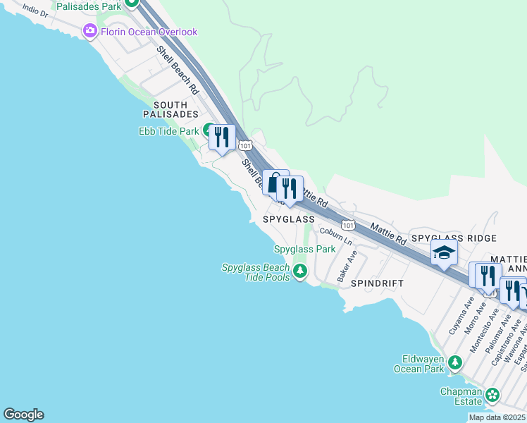 map of restaurants, bars, coffee shops, grocery stores, and more near 2703 Spyglass Dr in Pismo Beach