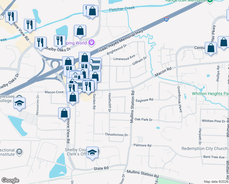 map of restaurants, bars, coffee shops, grocery stores, and more near 6303 Macon Road in Memphis
