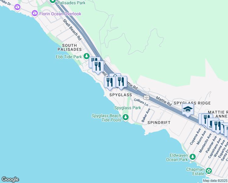 map of restaurants, bars, coffee shops, grocery stores, and more near 2710 Spyglass Drive in Pismo Beach