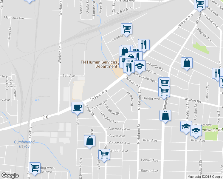 map of restaurants, bars, coffee shops, grocery stores, and more near 3159 Jackson Avenue in Memphis