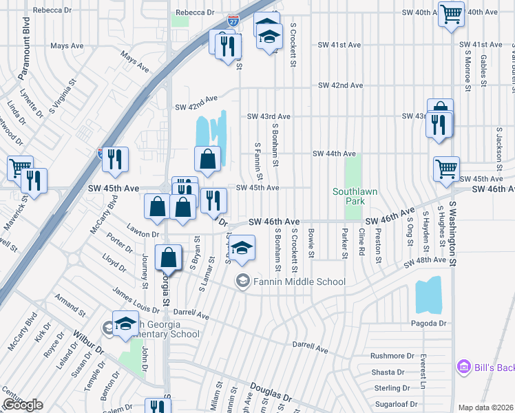 map of restaurants, bars, coffee shops, grocery stores, and more near 4432 South Fannin Street in Amarillo