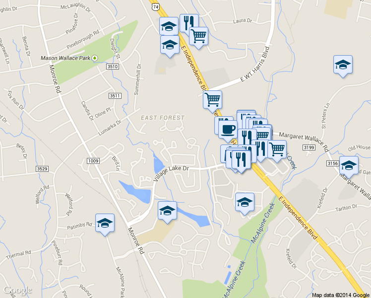 map of restaurants, bars, coffee shops, grocery stores, and more near 7321 Pebblestone Drive in Charlotte