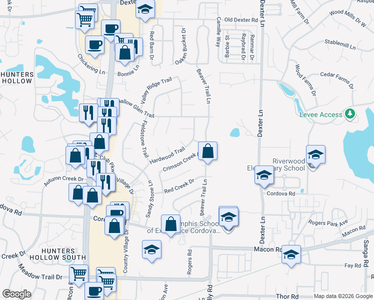 map of restaurants, bars, coffee shops, grocery stores, and more near 1384 Hardwood Trail in Memphis