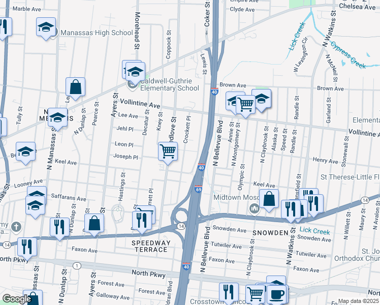 map of restaurants, bars, coffee shops, grocery stores, and more near 854 Crockett Place in Memphis