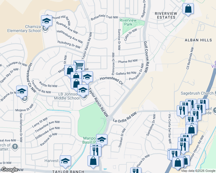 map of restaurants, bars, coffee shops, grocery stores, and more near 6708 Mesa Solana Place Northwest in Albuquerque