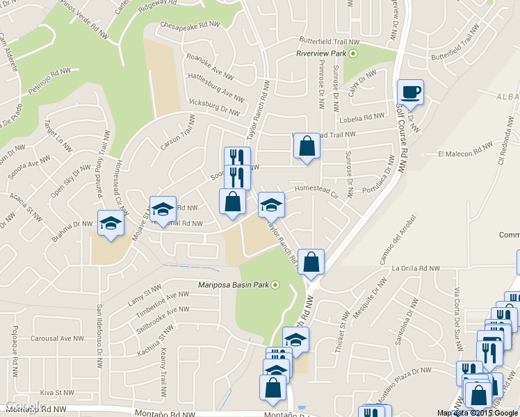 map of restaurants, bars, coffee shops, grocery stores, and more near 5601 Taylor Ranch Drive Northwest in Albuquerque