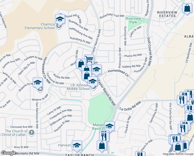 map of restaurants, bars, coffee shops, grocery stores, and more near 6811 Taylor Ranch Road Northwest in Albuquerque