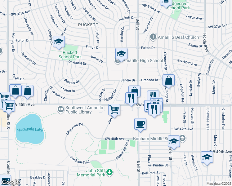 map of restaurants, bars, coffee shops, grocery stores, and more near 6103 Hatfield Circle in Amarillo