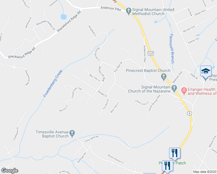 map of restaurants, bars, coffee shops, grocery stores, and more near 2409 Fox Run Drive in Signal Mountain