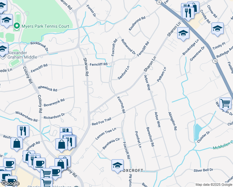 map of restaurants, bars, coffee shops, grocery stores, and more near 2270 Sharon Lane in Charlotte