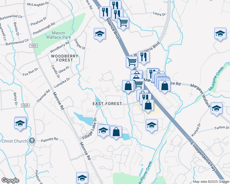 map of restaurants, bars, coffee shops, grocery stores, and more near 7321 Pebblestone Drive in Charlotte