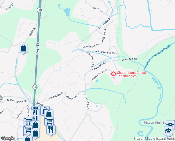 map of restaurants, bars, coffee shops, grocery stores, and more near 957 Lower Mill Road in Chattanooga