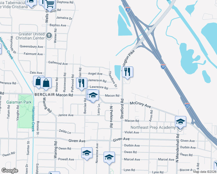 map of restaurants, bars, coffee shops, grocery stores, and more near 4560 Lawrence Road in Memphis