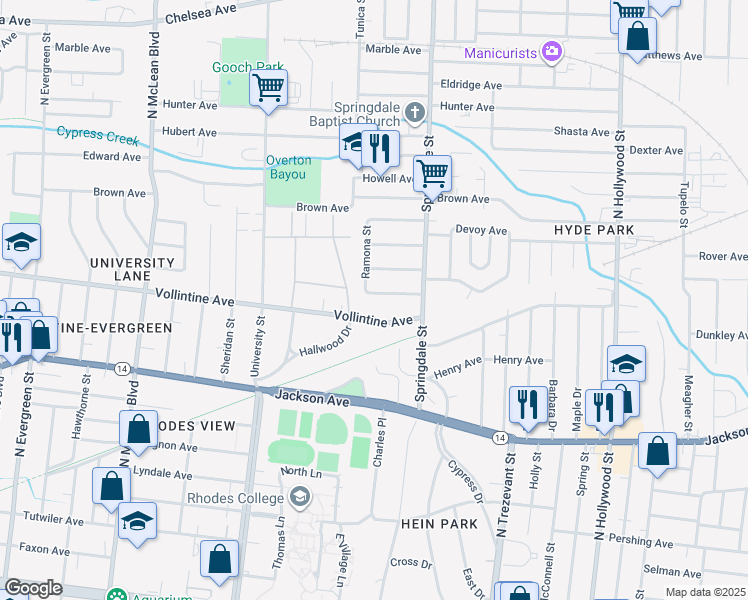 map of restaurants, bars, coffee shops, grocery stores, and more near 2127 Albany Avenue in Memphis