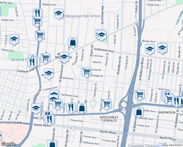 map of restaurants, bars, coffee shops, grocery stores, and more near 922 Joseph Place in Memphis