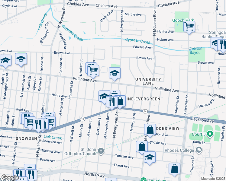 map of restaurants, bars, coffee shops, grocery stores, and more near 910 North Belvedere Boulevard in Memphis