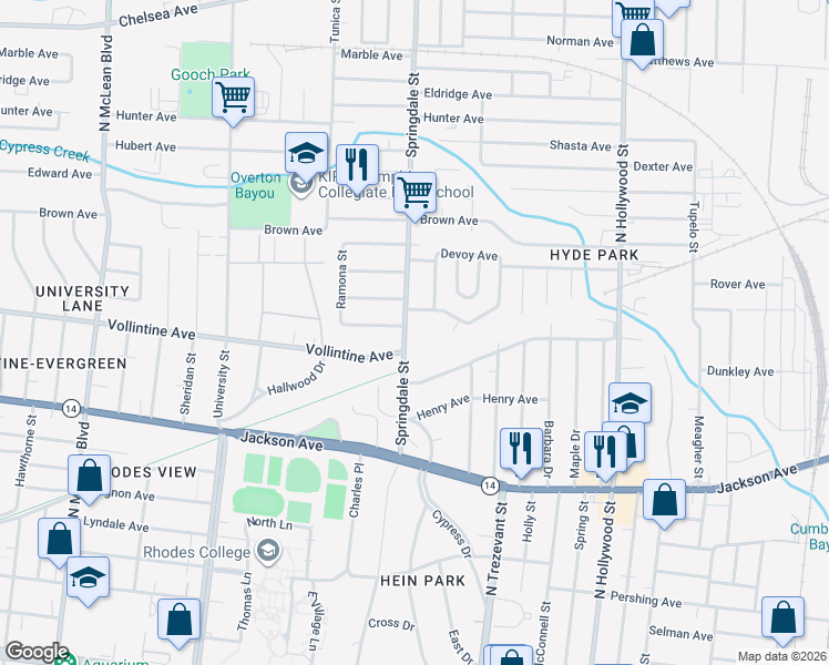 map of restaurants, bars, coffee shops, grocery stores, and more near 976 Springdale Street in Memphis