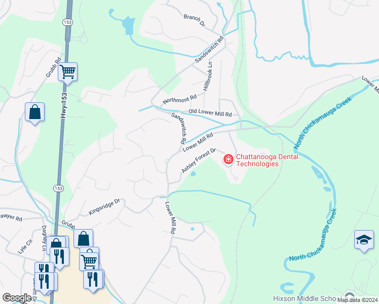 map of restaurants, bars, coffee shops, grocery stores, and more near 1006 Lower Mill Rd in Hixson