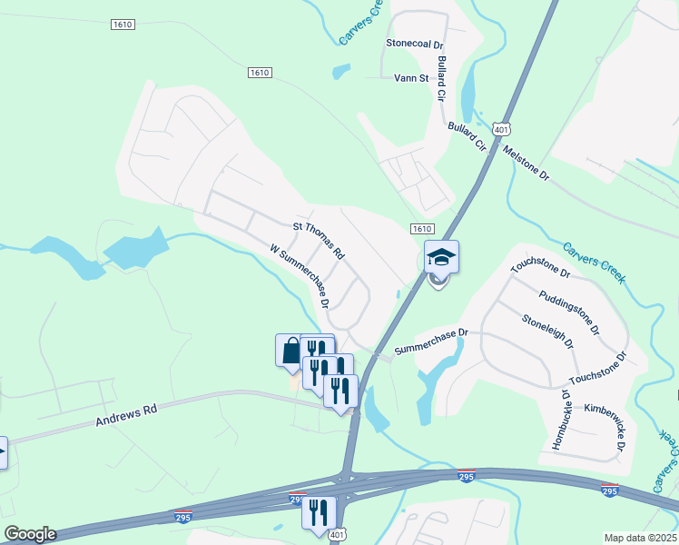 map of restaurants, bars, coffee shops, grocery stores, and more near 6414 Walworth Road in Fayetteville