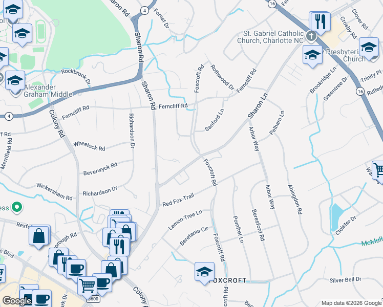map of restaurants, bars, coffee shops, grocery stores, and more near 2300 Sharon Lane in Charlotte