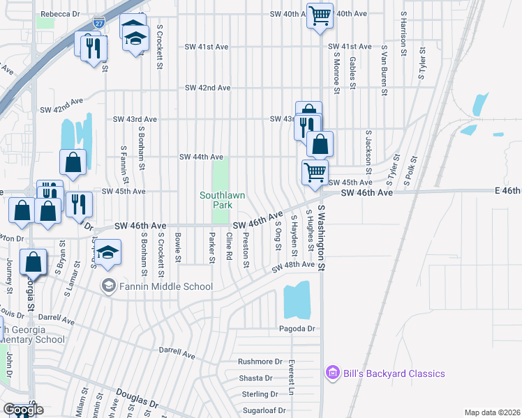 map of restaurants, bars, coffee shops, grocery stores, and more near 4429-4431 South Ong Street in Amarillo