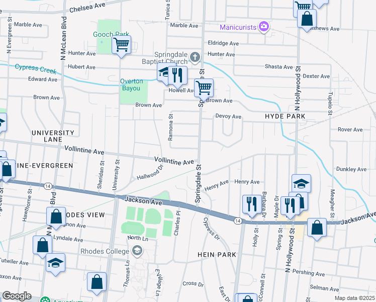 map of restaurants, bars, coffee shops, grocery stores, and more near 2171 Albany Avenue in Memphis