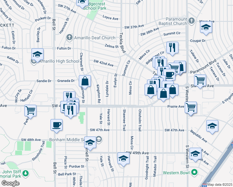 map of restaurants, bars, coffee shops, grocery stores, and more near 4439 Evelyn St in Amarillo