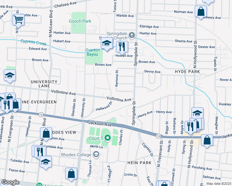 map of restaurants, bars, coffee shops, grocery stores, and more near 2127 Albany Avenue in Memphis