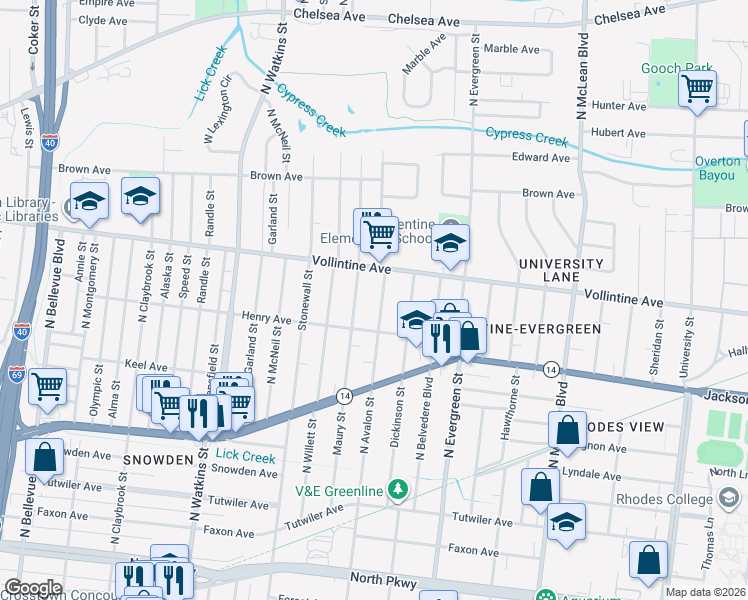 map of restaurants, bars, coffee shops, grocery stores, and more near 899 North Avalon Street in Memphis