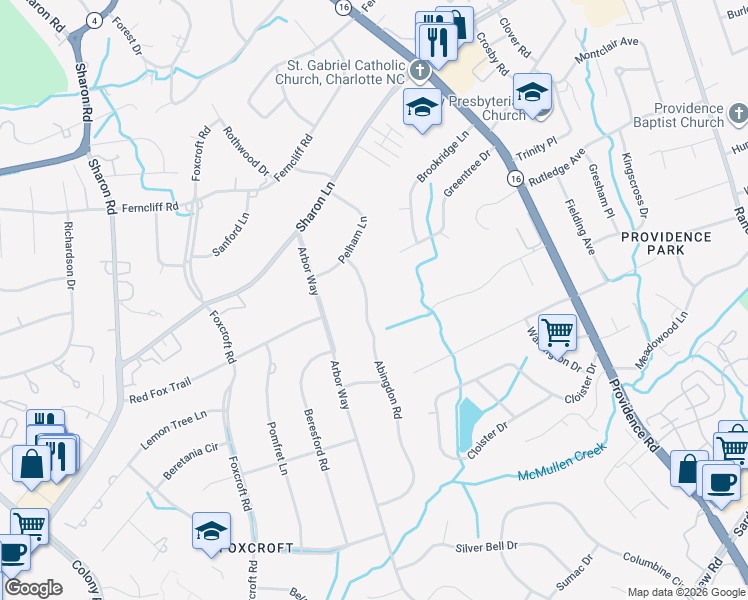map of restaurants, bars, coffee shops, grocery stores, and more near 3751 Abingdon Road in Charlotte