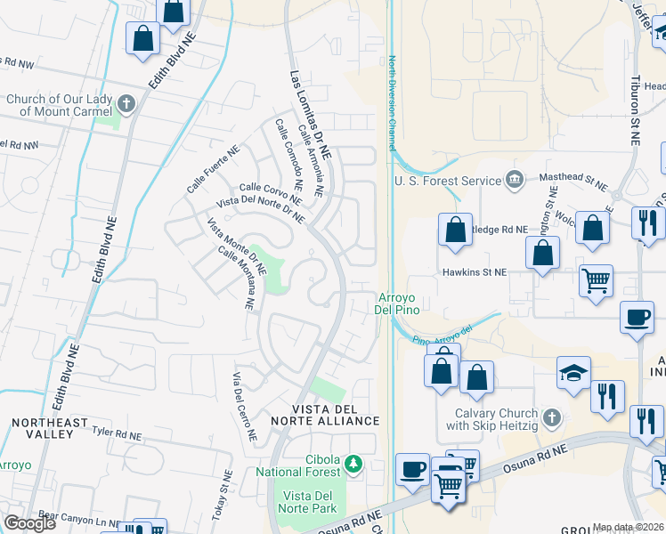 map of restaurants, bars, coffee shops, grocery stores, and more near 7363 Sidewinder Drive Northeast in Albuquerque