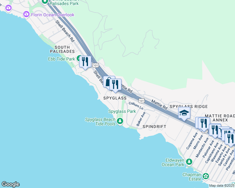 map of restaurants, bars, coffee shops, grocery stores, and more near 2665 Shell Beach Road in Pismo Beach