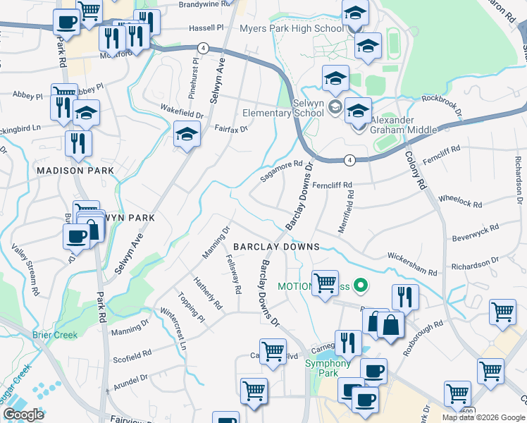 map of restaurants, bars, coffee shops, grocery stores, and more near 2127 Sagamore Road in Charlotte