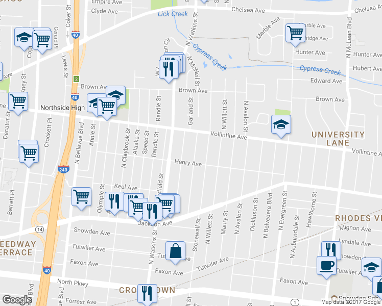 map of restaurants, bars, coffee shops, grocery stores, and more near 883 North McNeil Street in Memphis