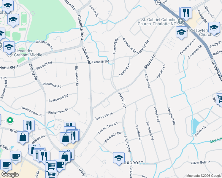 map of restaurants, bars, coffee shops, grocery stores, and more near 2300 Sharon Ln in Charlotte