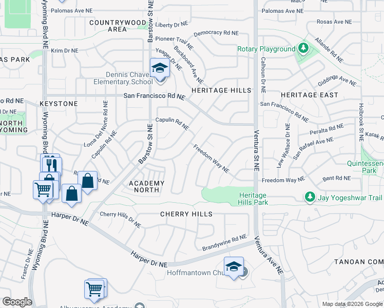 map of restaurants, bars, coffee shops, grocery stores, and more near 8604 Plymouth Rock Road Northeast in Albuquerque