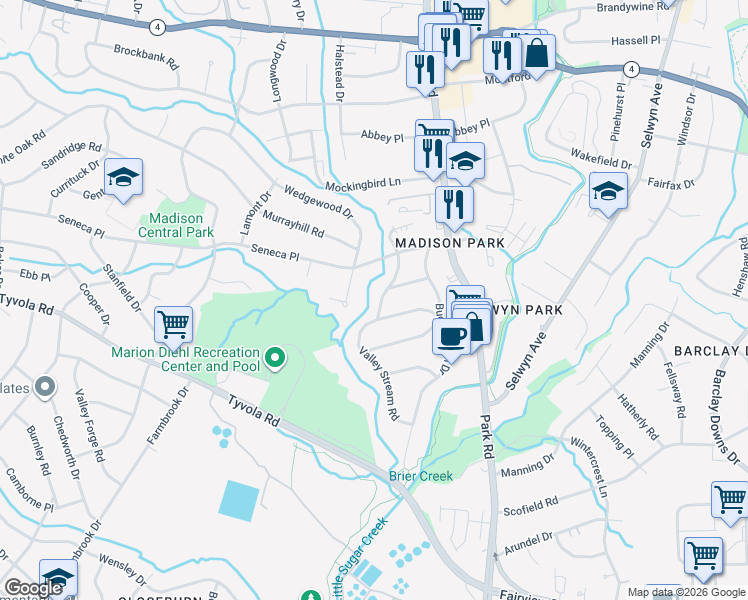 map of restaurants, bars, coffee shops, grocery stores, and more near 4917 Valley Stream Road in Charlotte