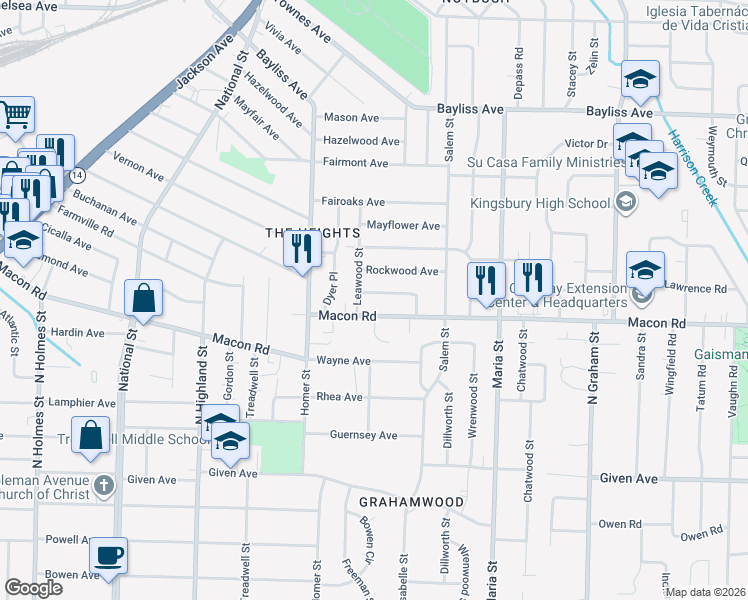 map of restaurants, bars, coffee shops, grocery stores, and more near 3705 Buchanan Avenue in Memphis