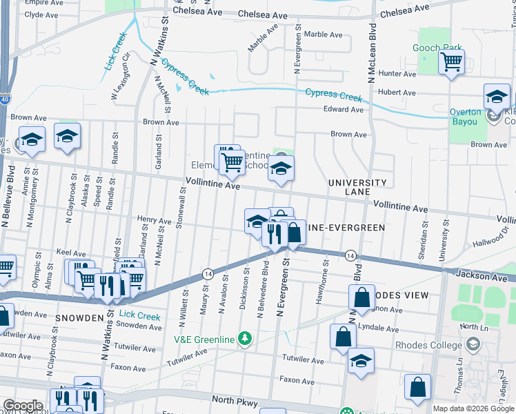 map of restaurants, bars, coffee shops, grocery stores, and more near 909 Dickinson Street in Memphis