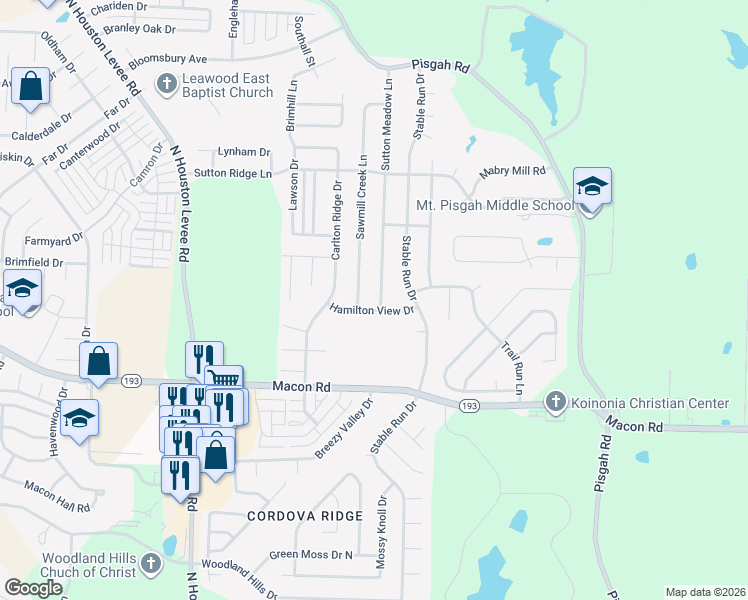 map of restaurants, bars, coffee shops, grocery stores, and more near 1375 Sutton Meadow Lane in Shelby County