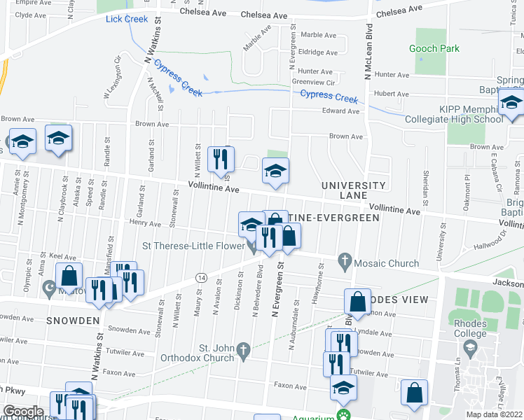 map of restaurants, bars, coffee shops, grocery stores, and more near 907 North Belvedere Boulevard in Memphis