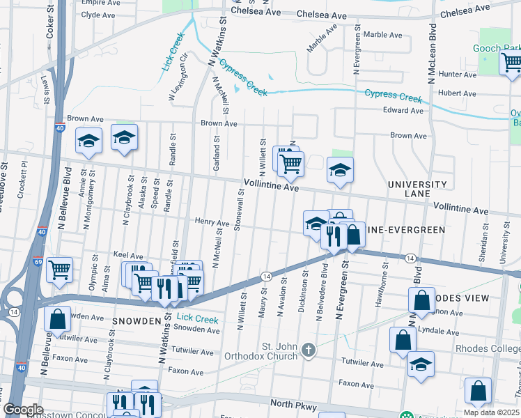 map of restaurants, bars, coffee shops, grocery stores, and more near 894 North Willett Street in Memphis