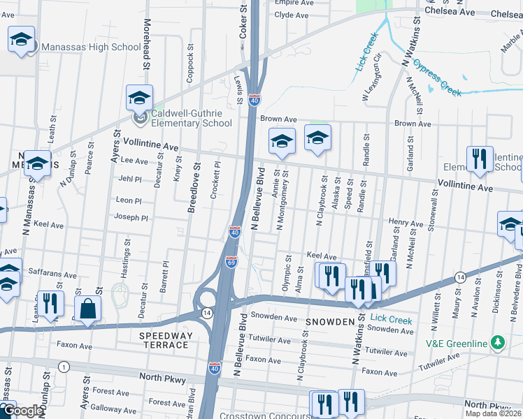 map of restaurants, bars, coffee shops, grocery stores, and more near 872 North Bellevue Boulevard in Memphis