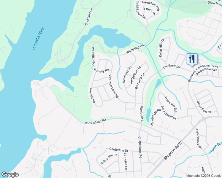 map of restaurants, bars, coffee shops, grocery stores, and more near 6825 Evanton Loch Road in Charlotte