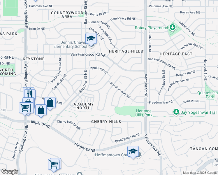 map of restaurants, bars, coffee shops, grocery stores, and more near 8604 Plymouth Rock Road Northeast in Albuquerque
