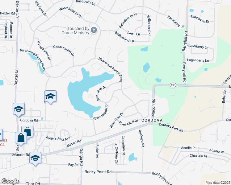 map of restaurants, bars, coffee shops, grocery stores, and more near 8995 Riverwood Farms Parkway in Memphis