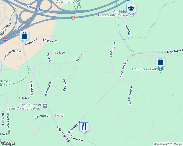 map of restaurants, bars, coffee shops, grocery stores, and more near 3289 South Burgess Lane in Flagstaff