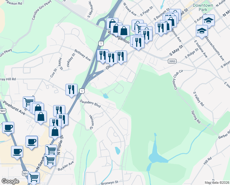 map of restaurants, bars, coffee shops, grocery stores, and more near 1175 South Broad Street in Southern Pines