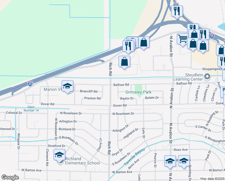 map of restaurants, bars, coffee shops, grocery stores, and more near 1506 Rich Road in West Memphis